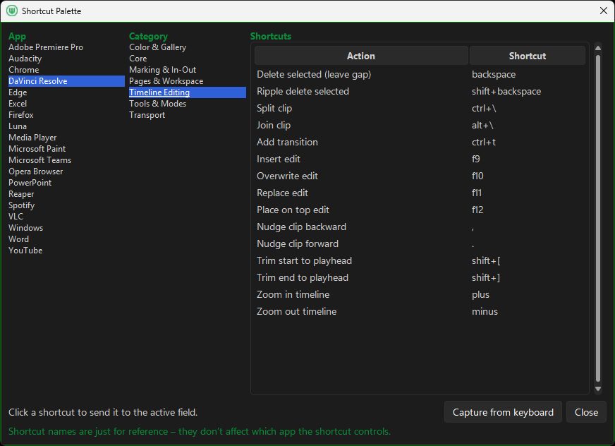 Shortcut palette in MIDI Command Studio